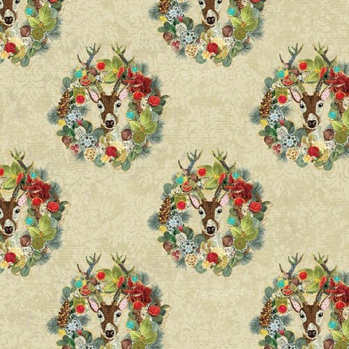 Christmas Magic Reindeer Joyful Wreaths Cream 1121-2107 Fabric