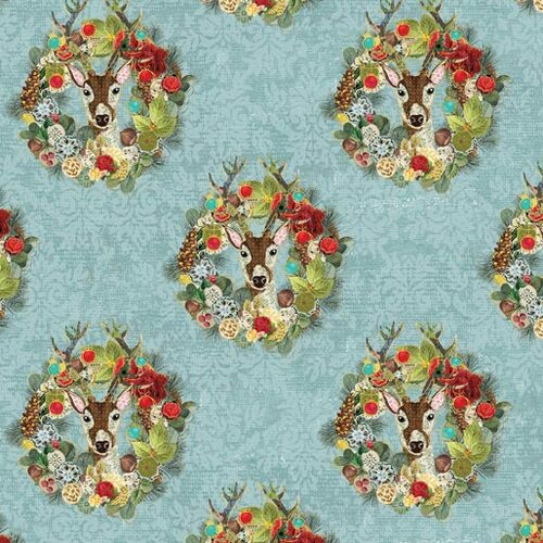 Christmas Magic Reindeer Joyful Wreath Turquoise 1121-2183 Fabric