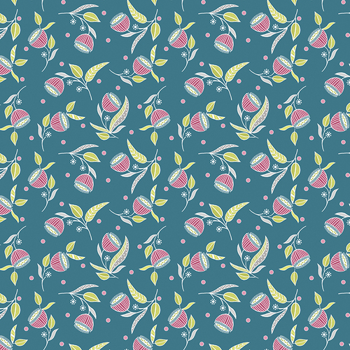 Stitch Garden 16196-85 Pod Flowers Dark Teal Quilt Fabric