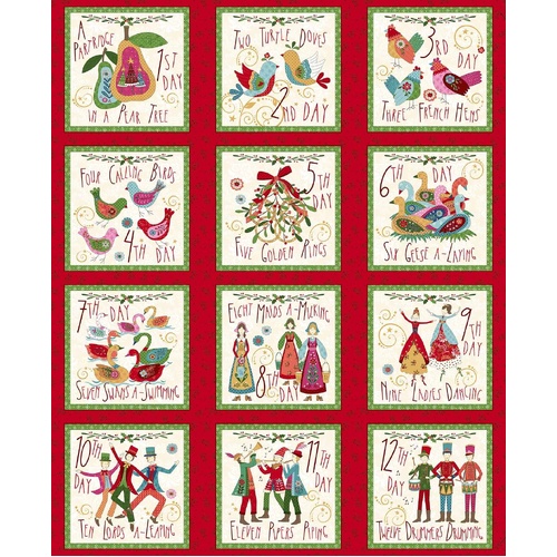 Scandinavian Holiday 12 Days Blocks Red 3458-88 - 90cm x 110cm Panel