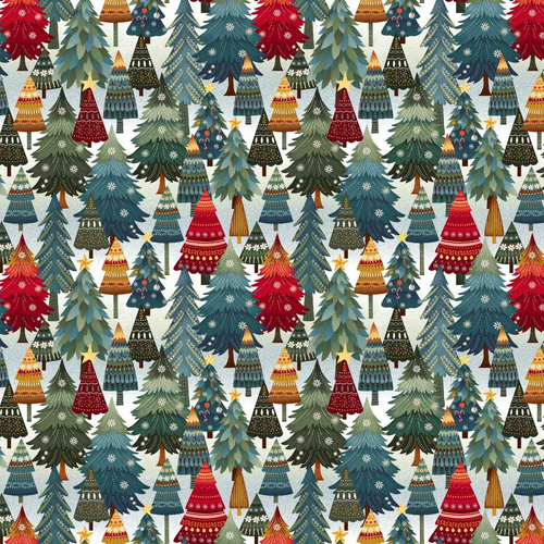 Nordic Holiday Village Stacked Trees Ice Blue Multi 3606-17 Quilting Fabric