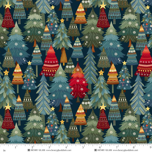 Nordic Holiday Village Stacked Trees Dark Blue 3606-77 Quilting Fabric