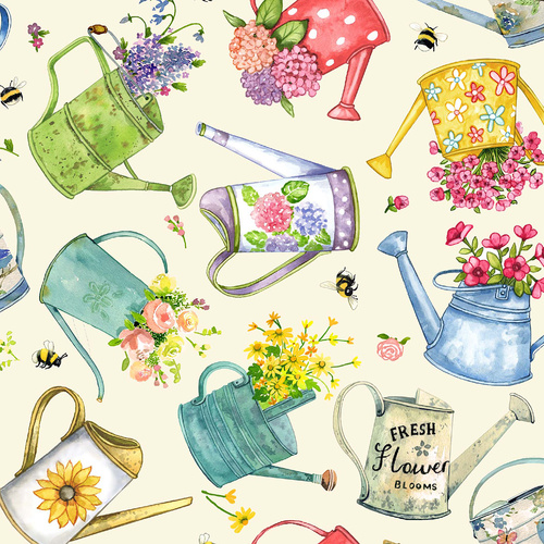 Meant to Bee 4008/04C Watering Cans Cream Patchwork Fabric