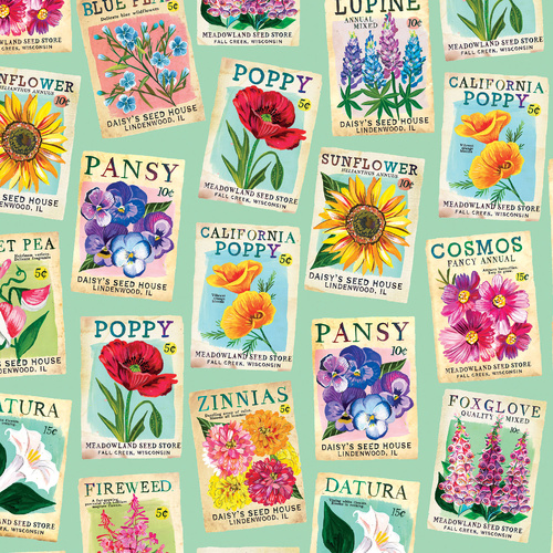 A Wildflower Heart Heritage Seedpacks Light Teal 4075/0980 Quilting Fabric