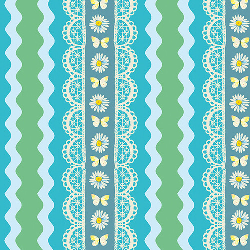 Love and Stitches Rick Rack Stripe Lace Daisies & Butterflies Teal 6063/0183 Quilting Fabric