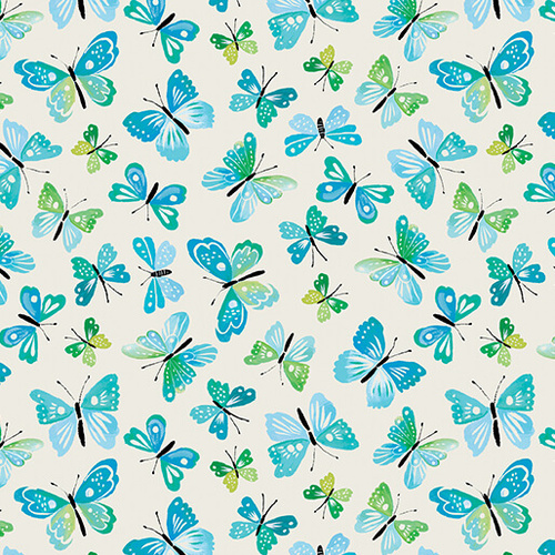 Love and Stitches Rustic Flutter Butterflies Teal & Natural 6063/3482 Quilting Fabric