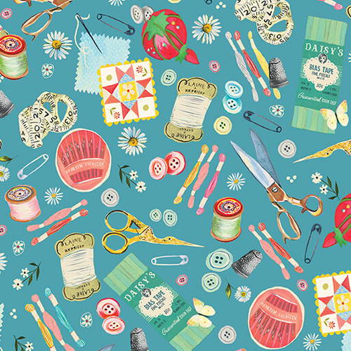 Love and Stitches Love is the Thread Sewing Notions Teal 6063/9584 Quilting Fabric