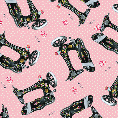 Love and Stitches Sewing with Daisy Vintage Sewing Machines Light Pink 6063/9621 Quilting Fabric