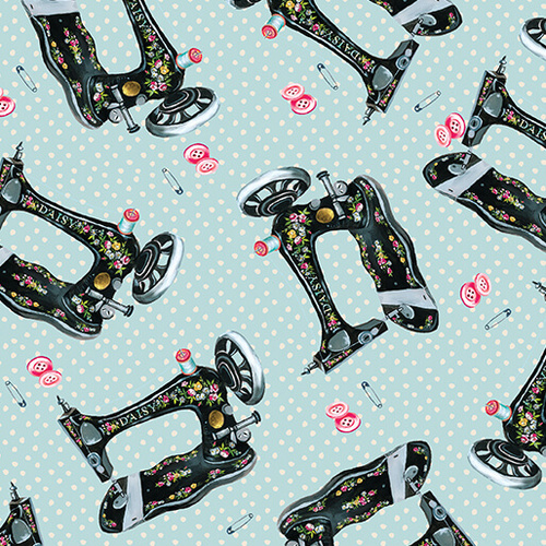 Love and Stitches Sewing with Daisy Vintage Sewing Machines Light Teal 6063/9680 Quilting Fabric