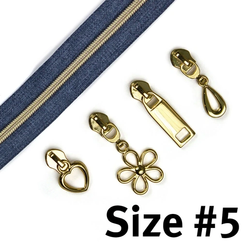 Handbag Zipper #5 Denim 3m (118") Gold with 8 Pulls