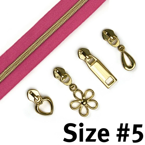Handbag Zipper #5 Pink 3m (118") Gold with 8 Pulls