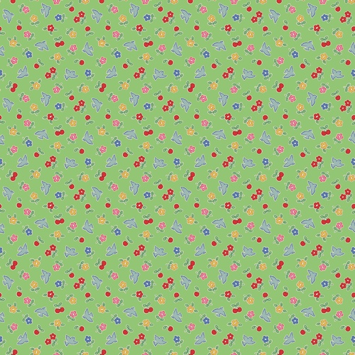 Bluebells & Buttercups Cheery Bluebird Birds & Cherries Green BL26873 Quilting Fabric