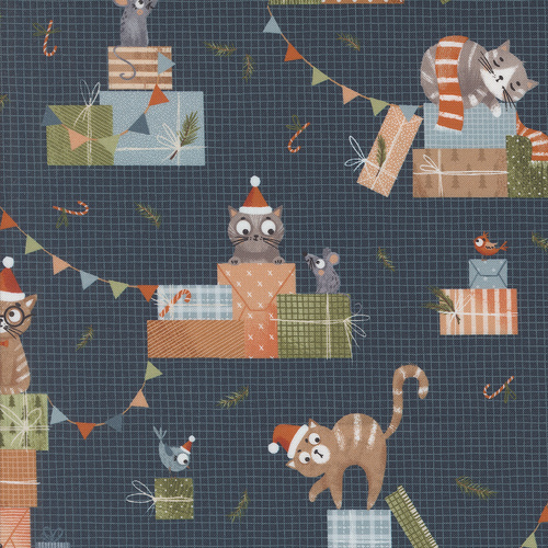 Purrfect Christmas Midnight 39040 16 Cats Novelty Cats Presents Birds Patchwork Fabric