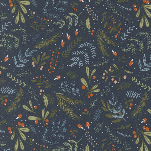 Purrfect Christmas Midnight 39043 16 Holly and Pine Florals Leaves Patchwork Fabric