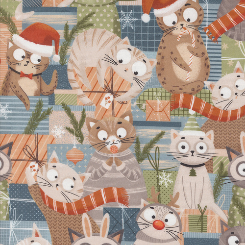 Purrfect Christmas Multi 39048 11 Jolly Kitties Cats Presents Patchwork Fabric