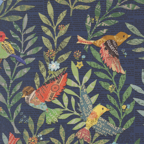 Paper Hamlet Midnight 39560 18 Birdy Novelty Birds Newspaper Quilting Fabric 