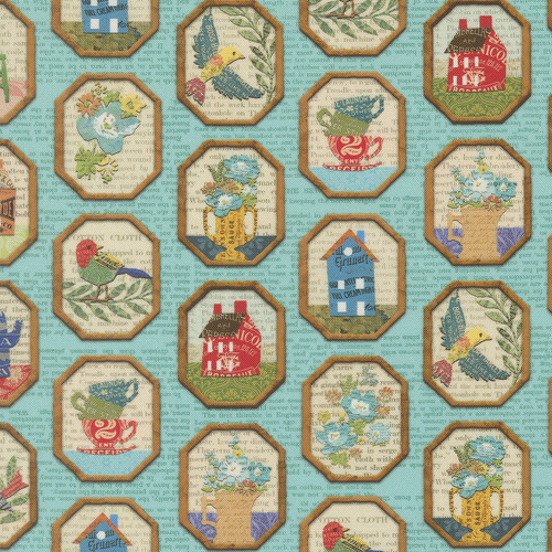 Paper Hamlet Sky 39565 17 Frames Novelty Birds Newspaper Houses Quilting Fabric 