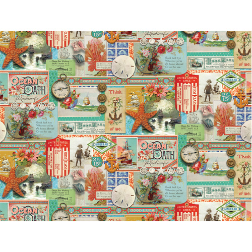 Saltwater Nautical 39571 11 All Aboard Patchwork Collage Vintage Ephemera Quilting Fabric
