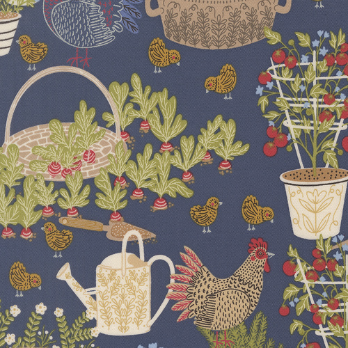 The Henhouse Denim 48430 18 Chicken Garden Landscape & Nature Quilting Fabric