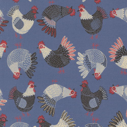 The Henhouse Cobalt 48433 19 Tossed Chickens Novelty Quilting Fabric