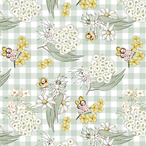 May Gibbs Garden Playtime Green Gingham MG1052 Quilting Fabric