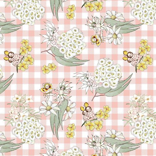 May Gibbs Garden Playtime Pink Gingham MG1053 Quilting Fabric