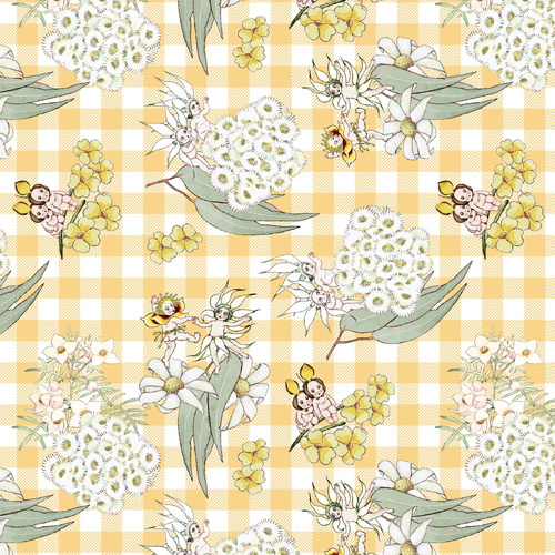 May Gibbs Garden Playtime Yellow Gingham MG1054 Quilting Fabric