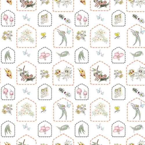May Gibbs Garden Playtime White Collage MG1056 Quilting Fabric
