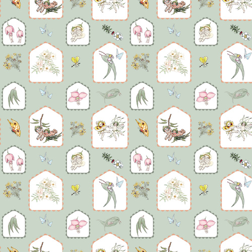 May Gibbs Garden Playtime Green Collage MG1057 Quilting Fabric