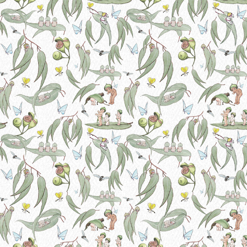 May Gibbs Garden Playtime White Gum Leaf MG1059 Quilting Fabric