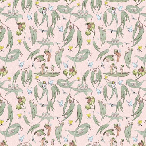 May Gibbs Garden Playtime Pink Gum Leaf MG1060 Quilting Fabric