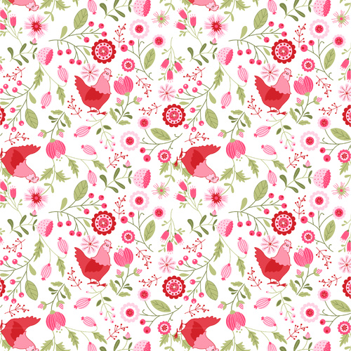 Smitten Chicken Chickens & Flowers White SN251119 Quilting Fabric