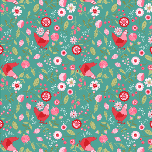 Smitten Chicken Chickens & Flowers Aqua SN251120 Quilting Fabric