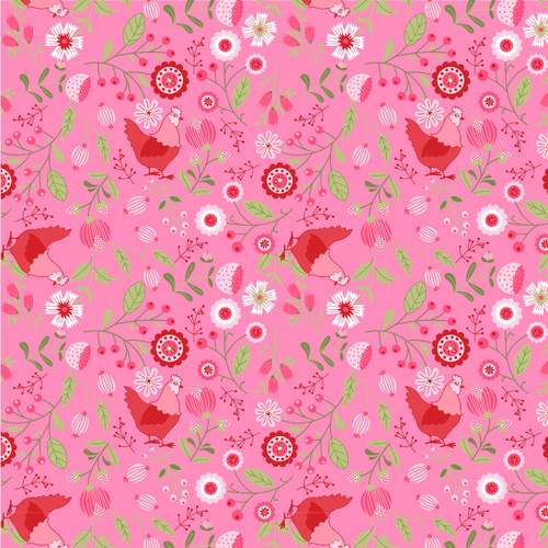 Smitten Chicken Chickens & Flowers Pink SN251121 Quilting Fabric