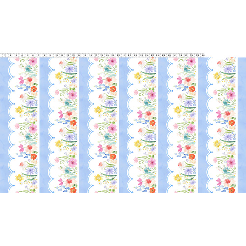 Spring Cheer Y4688-87 Pictorial Stripe Lt Denim Quilting Fabric 