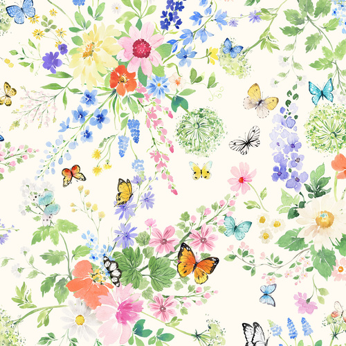 Sunlit Sonnet Bouquets Large Wildflower & Butterfly Bouquets Lt. Cream Y4863-2 Quilting Fabric