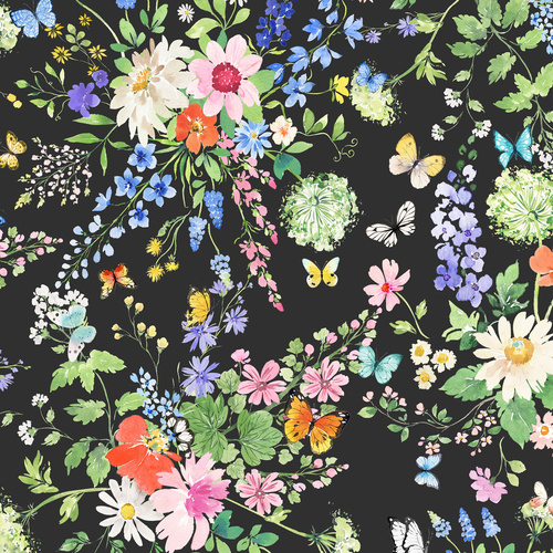 Sunlit Sonnet Bouquets Large Wildflower & Butterfly Bouquets Black Y4863-3 Quilting Fabric