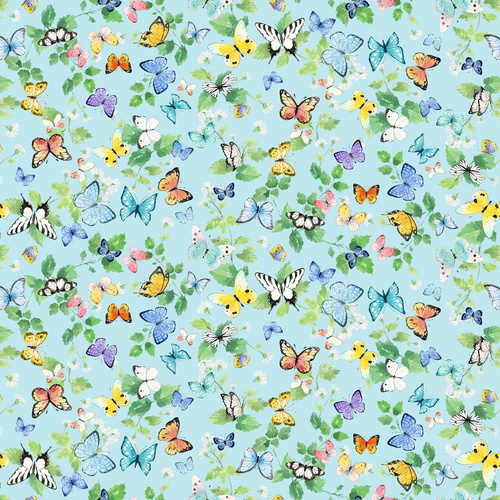 Sunlit Sonnet Butterfly Garden Tossed Butterflies & Greenery Lt. Blue Y4865-29 Quilting Fabric